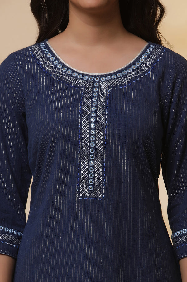 Elleven Women's Blue Lurex Straight Kurta and Pants Set