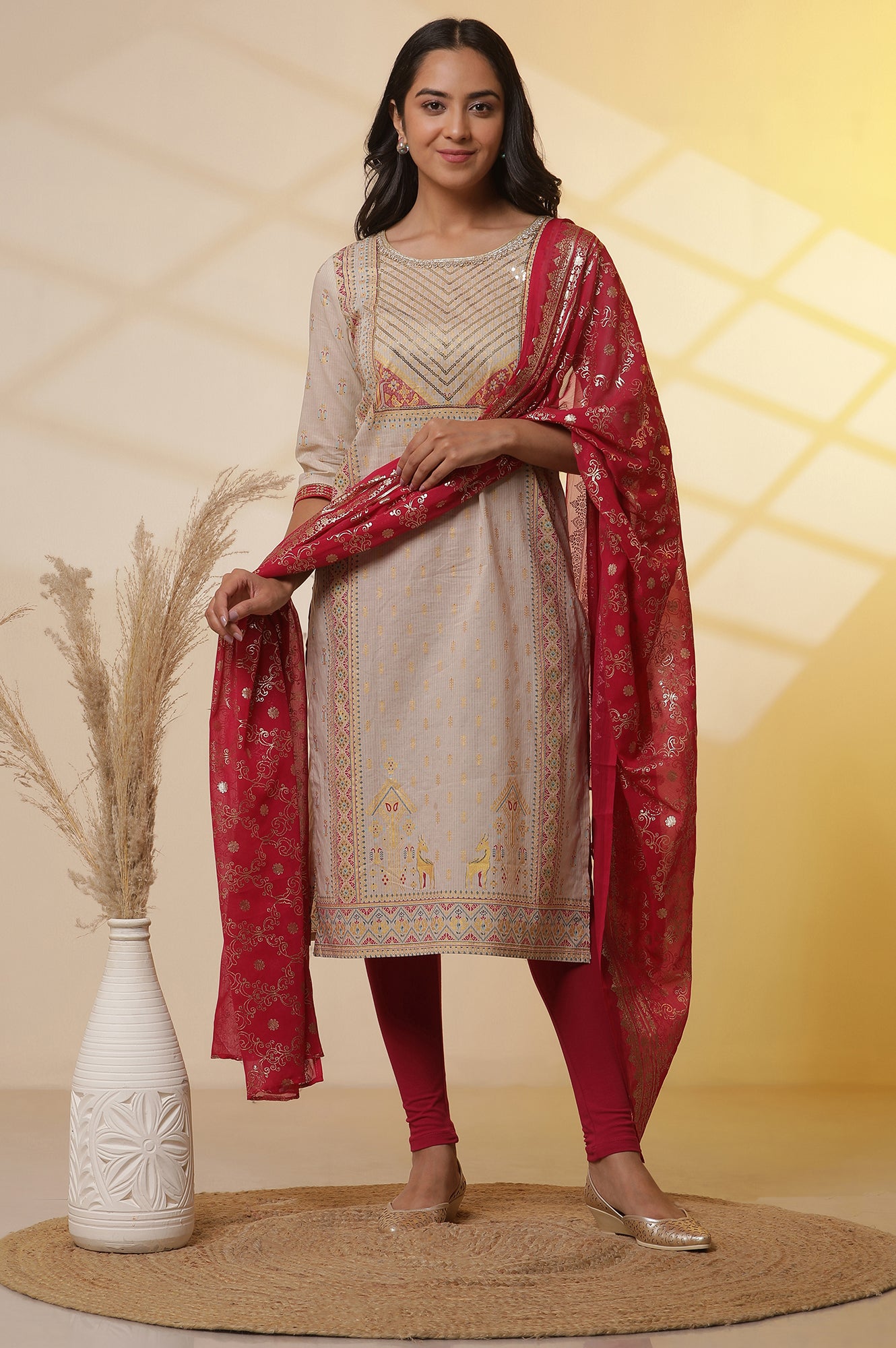 Beige-Foil-Printed-Sequined-Pure-Cotton-Kurta,-Tights-and-Dupatta-Set