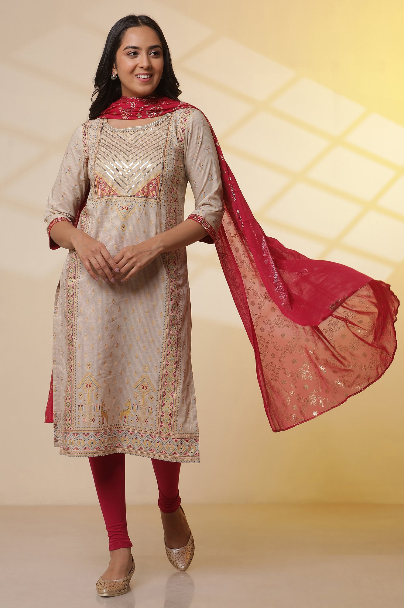 Beige-Foil-Printed-Sequined-Pure-Cotton-Kurta,-Tights-and-Dupatta-Set