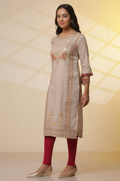 Beige-Foil-Printed-Sequined-Pure-Cotton-Kurta,-Tights-and-Dupatta-Set