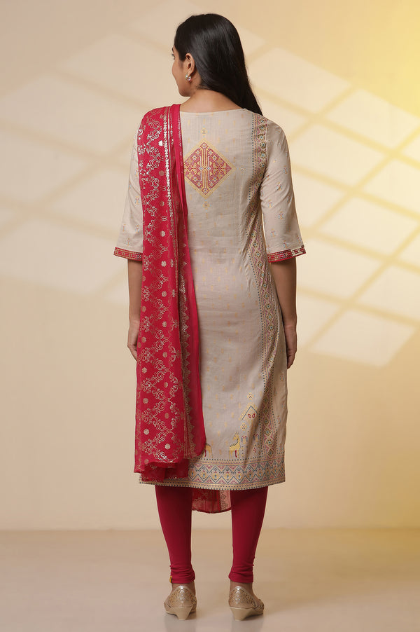 Beige Foil Printed Sequined Pure Cotton Kurta, Tights and Dupatta Set