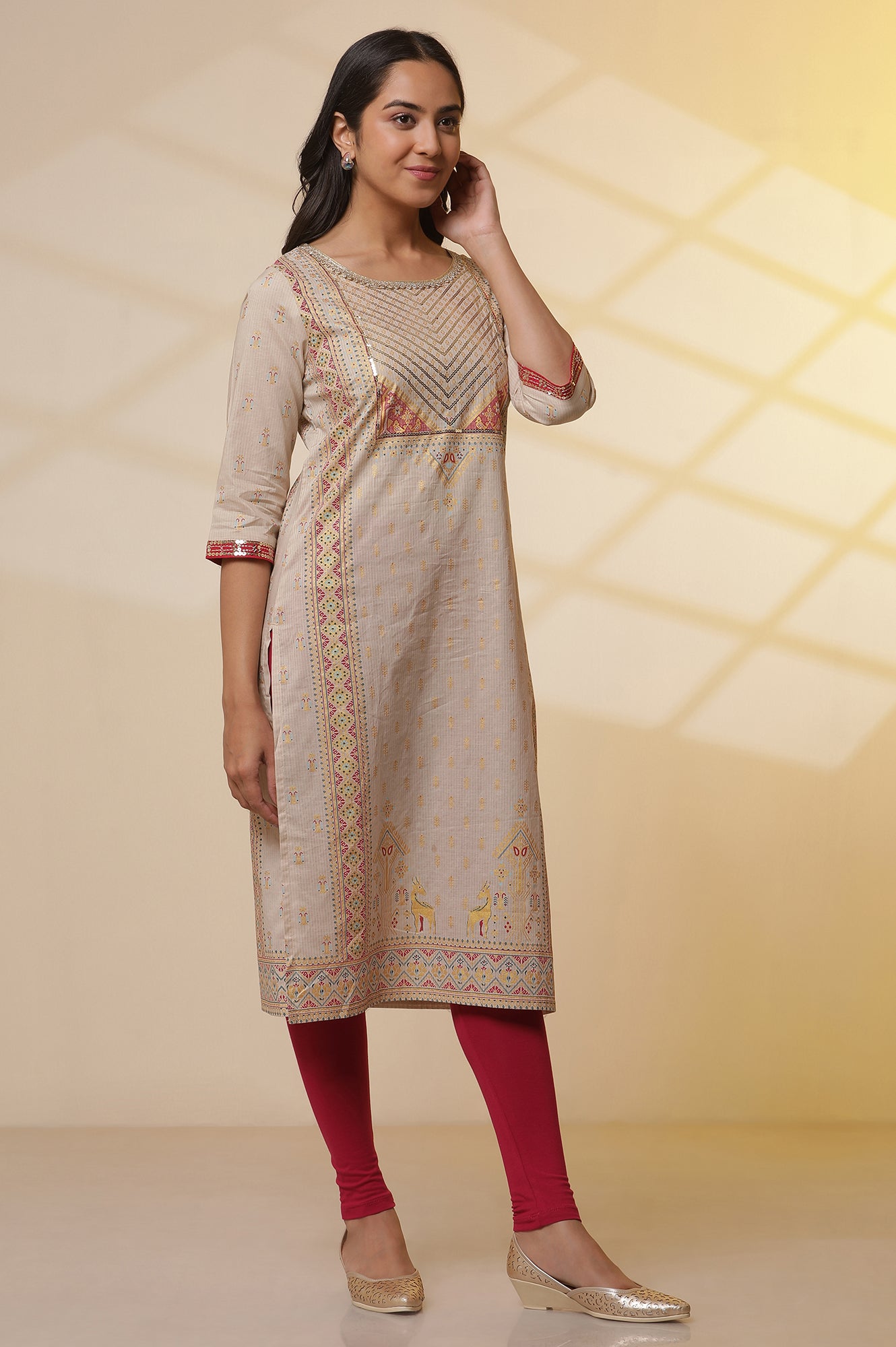 Beige-Foil-Printed-Sequined-Pure-Cotton-Kurta,-Tights-and-Dupatta-Set