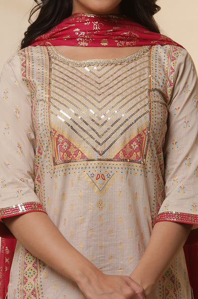 Beige Foil Printed Sequined Pure Cotton Kurta, Tights and Dupatta Set