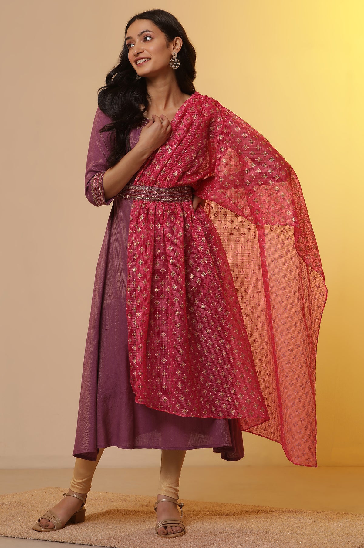 Purple Embroidered Attached Drape Kurta and Tights Set - S