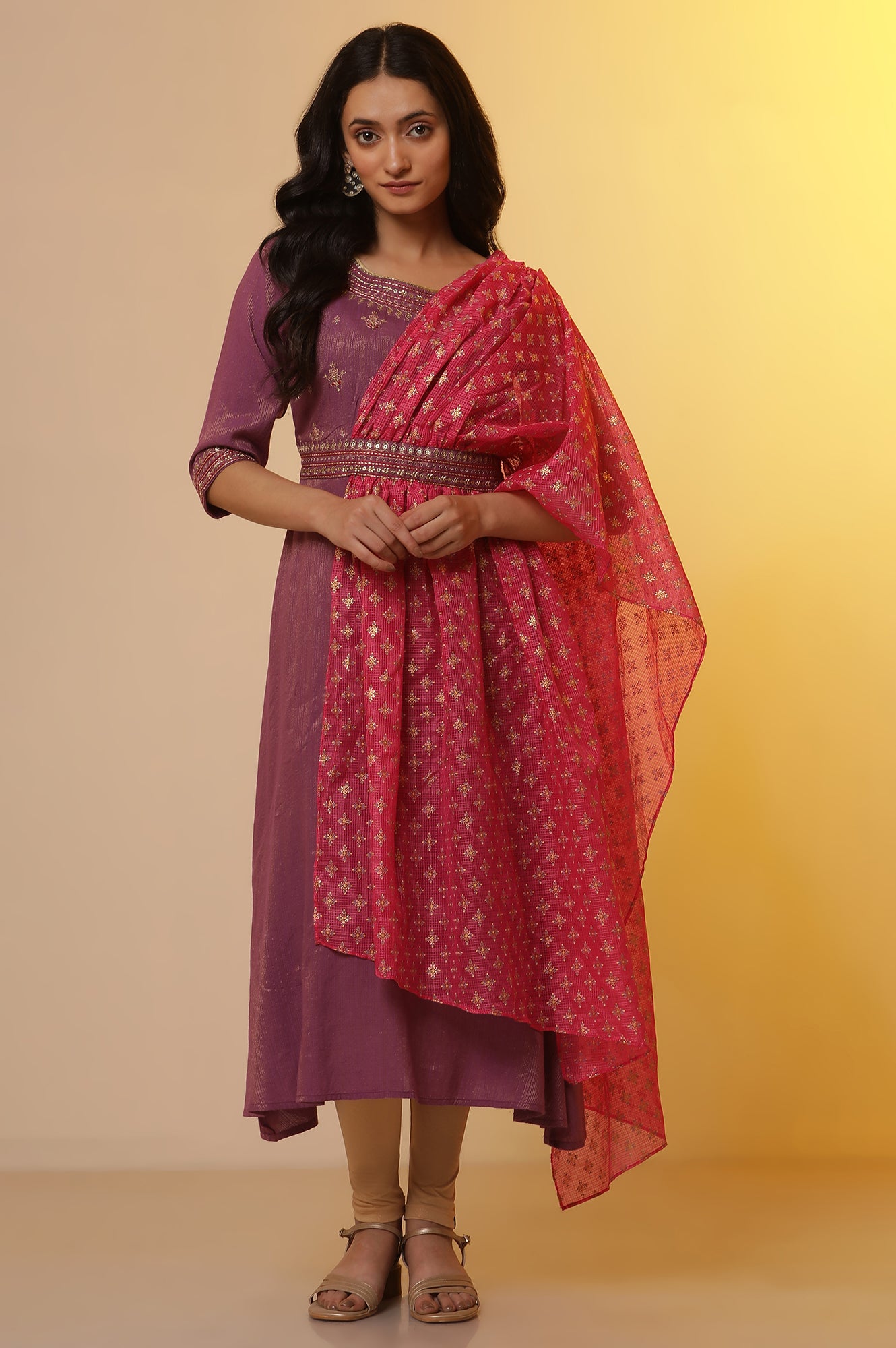 Purple Embroidered Attached Drape Kurta and Tights Set