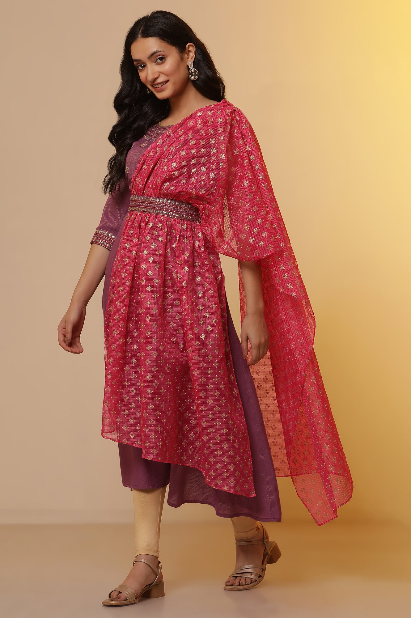 Purple Embroidered Attached Drape Kurta and Tights Set