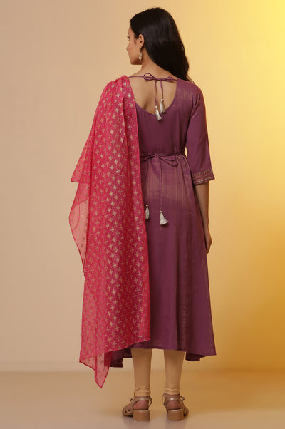 Purple Embroidered Attached Drape Kurta and Tights Set