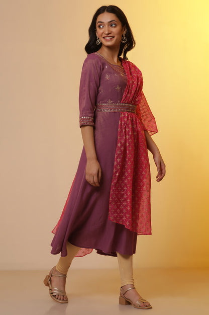 Purple Embroidered Attached Drape Kurta and Tights Set