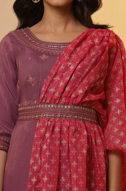 Purple Embroidered Attached Drape Kurta and Tights Set