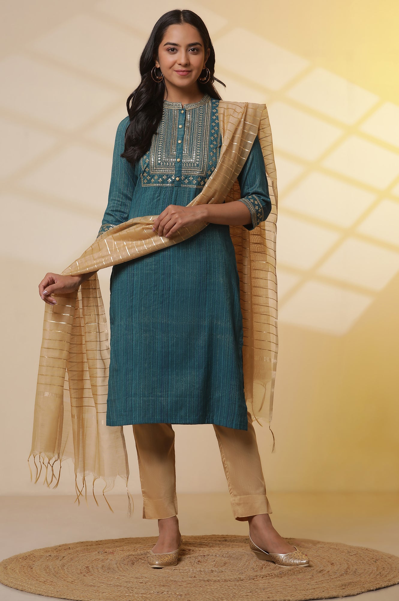 Blue-Embellished-Lurex-Stripes-Kurta,-Trousers-and-Dupatta-Set