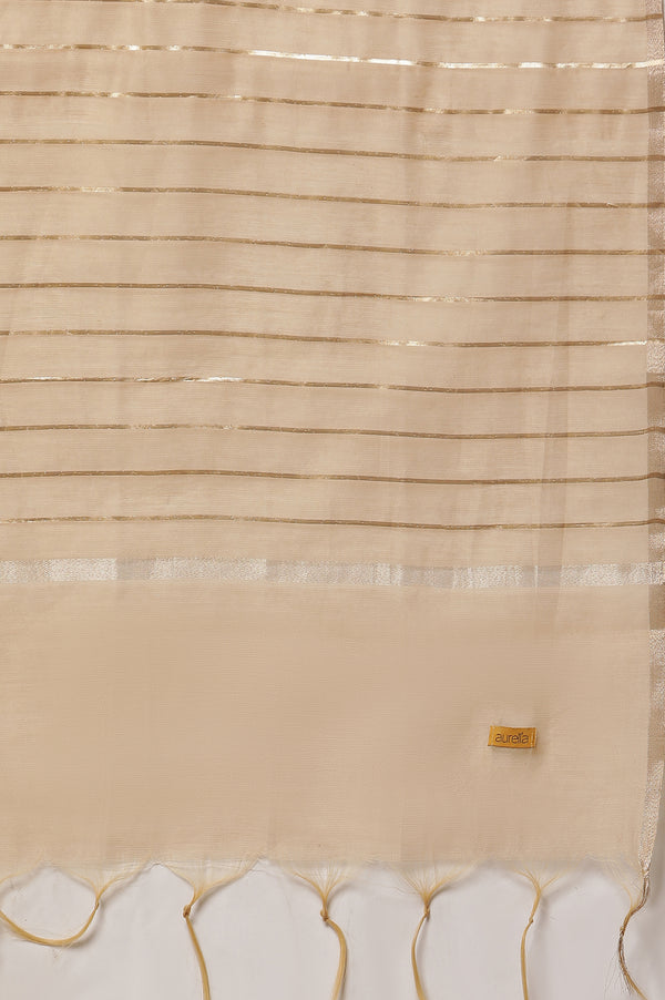 Blue Embellished Lurex Stripes Kurta, Trousers and Dupatta Set