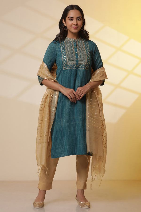 Blue Embellished Lurex Stripes Kurta, Trousers and Dupatta Set