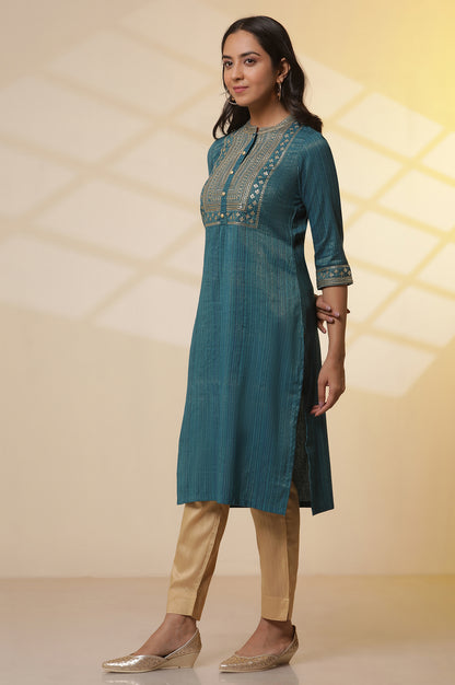 Blue-Embellished-Lurex-Stripes-Kurta,-Trousers-and-Dupatta-Set