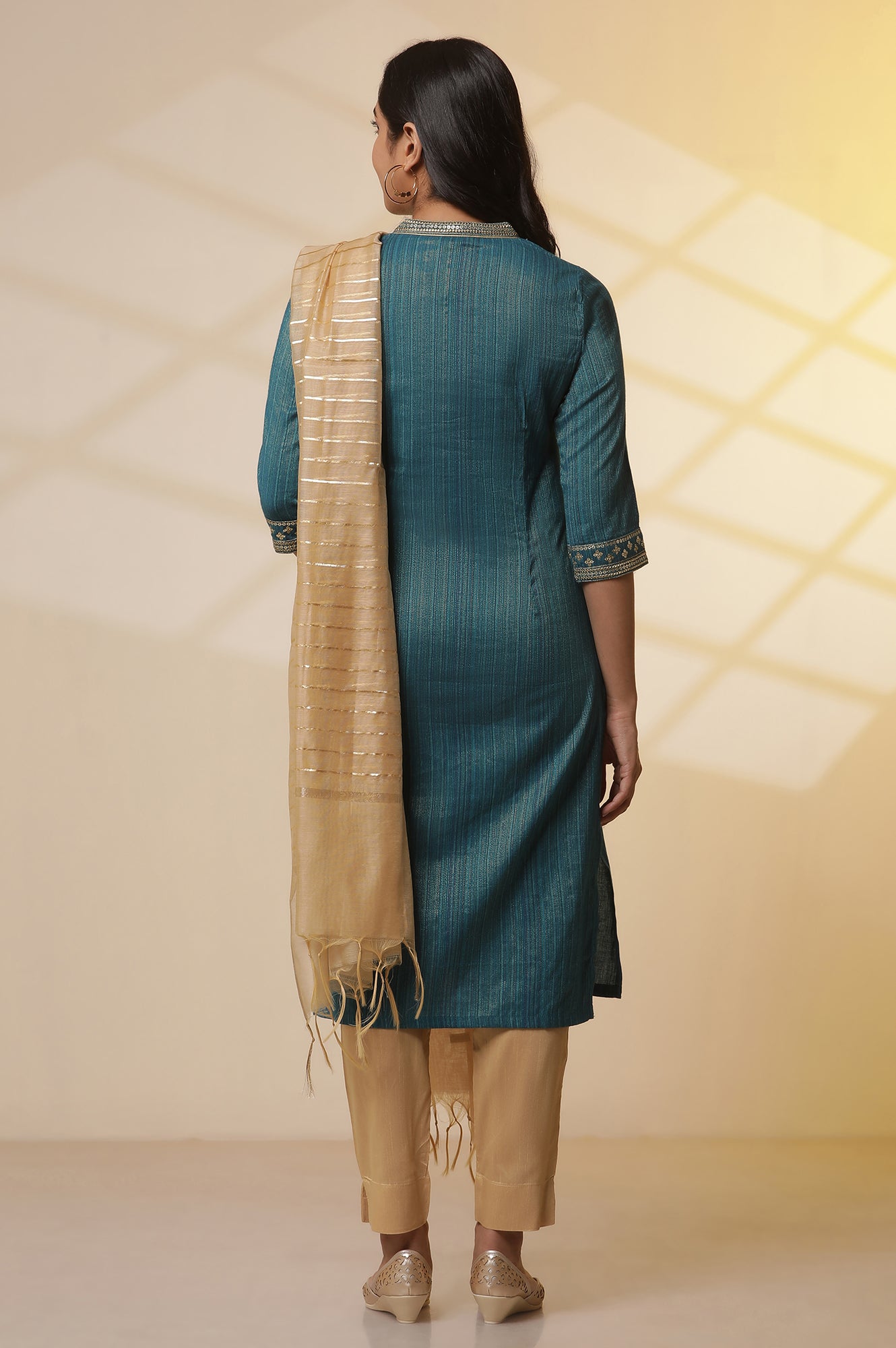 Blue-Embellished-Lurex-Stripes-Kurta,-Trousers-and-Dupatta-Set