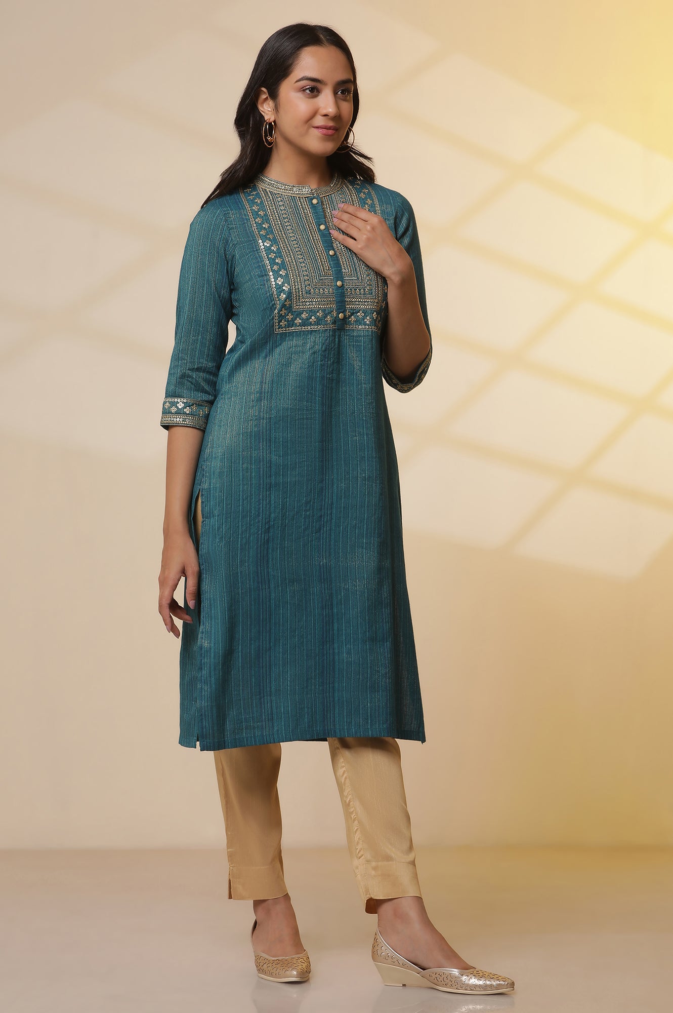 Blue-Embellished-Lurex-Stripes-Kurta,-Trousers-and-Dupatta-Set