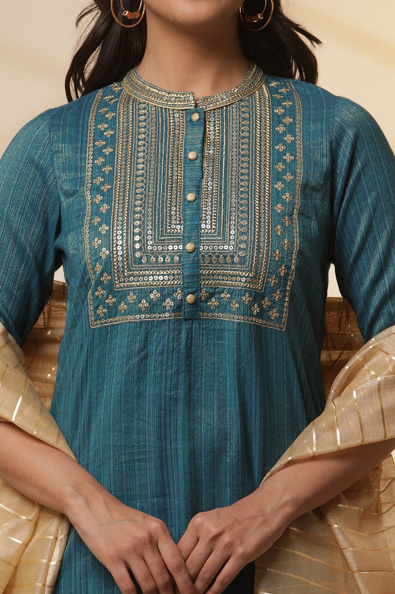 Blue-Embellished-Lurex-Stripes-Kurta,-Trousers-and-Dupatta-Set