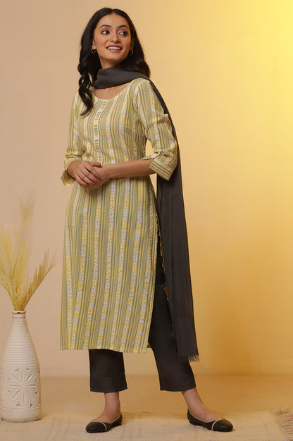 Yellow Striped Straight Kurta, Trousers and Dupatta Set