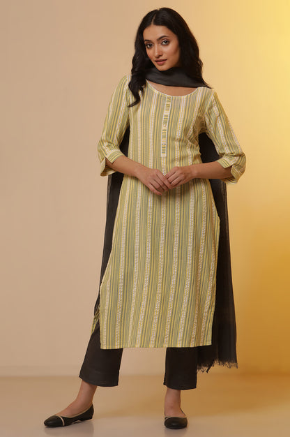 Yellow Striped Straight Kurta, Trousers and Dupatta Set