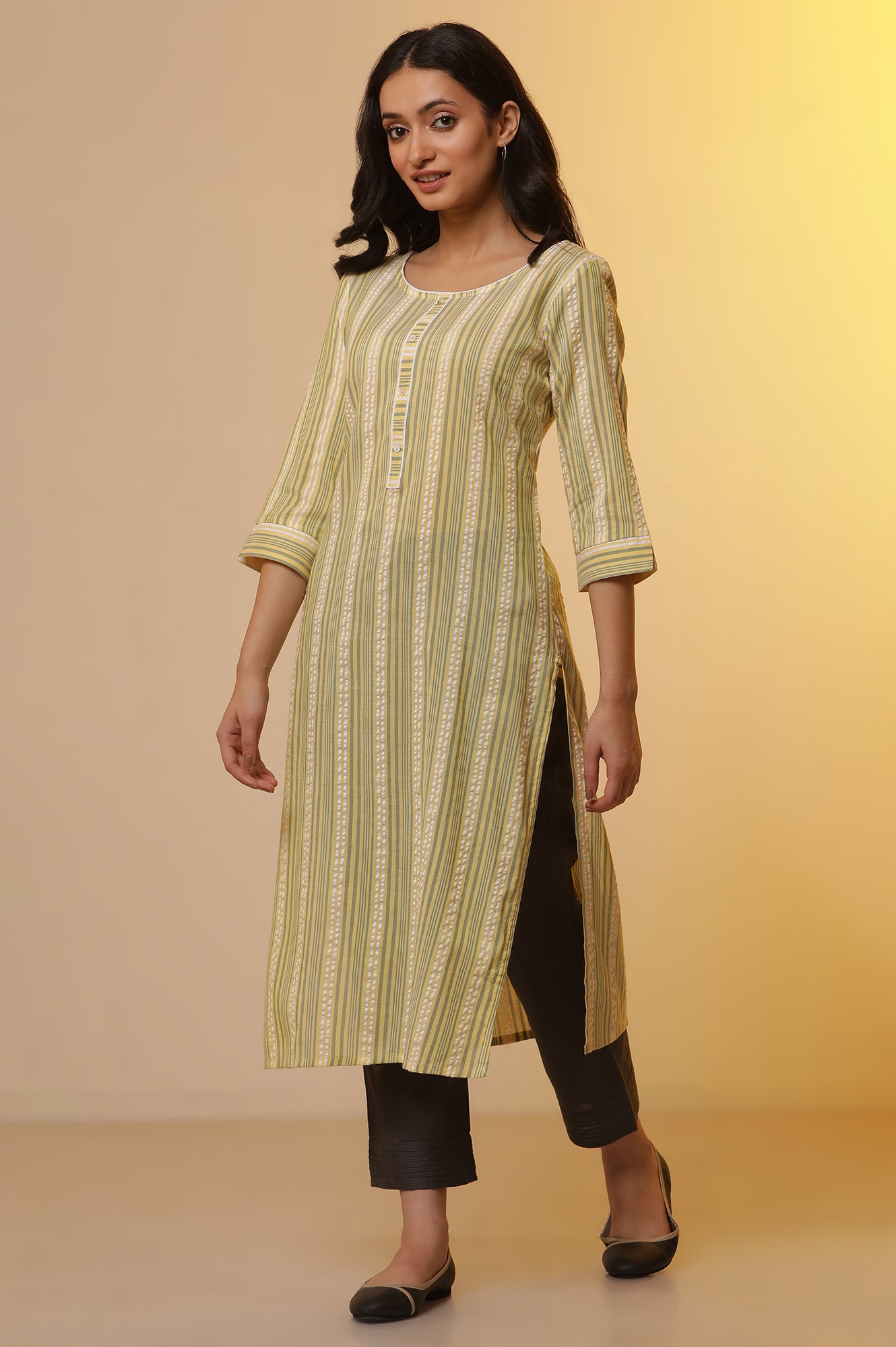 Yellow Striped Straight Kurta, Trousers and Dupatta Set