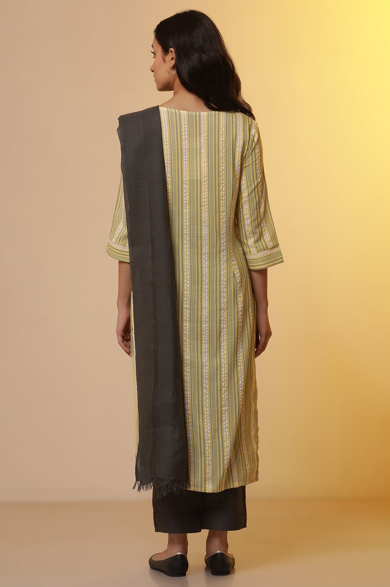 Yellow Striped Straight Kurta, Trousers and Dupatta Set