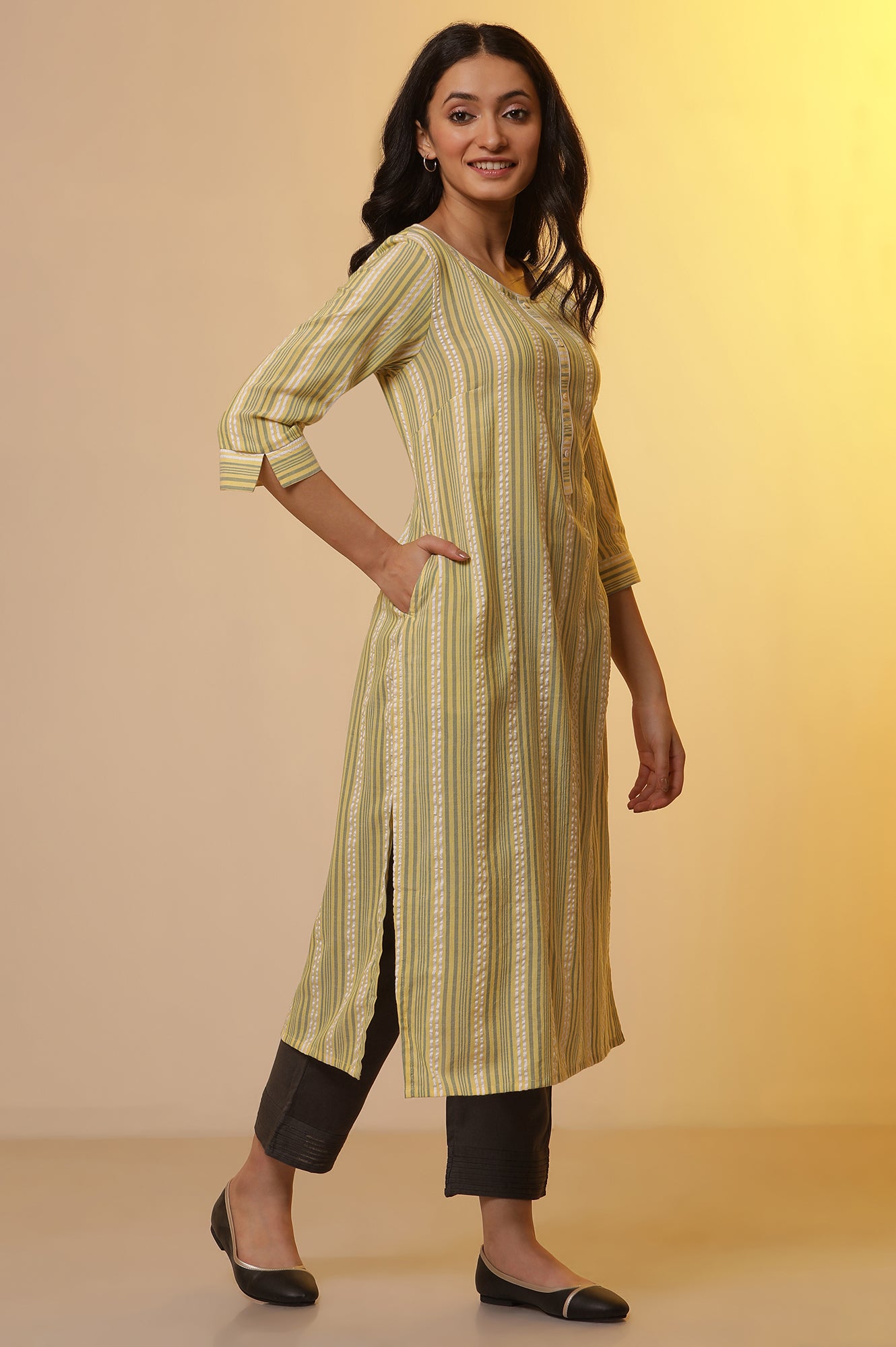 Yellow Striped Straight Kurta, Trousers and Dupatta Set