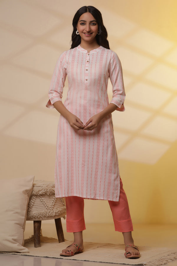 Elleven Women's Peach Dobby Stripper Casual Kurta and Pants Set