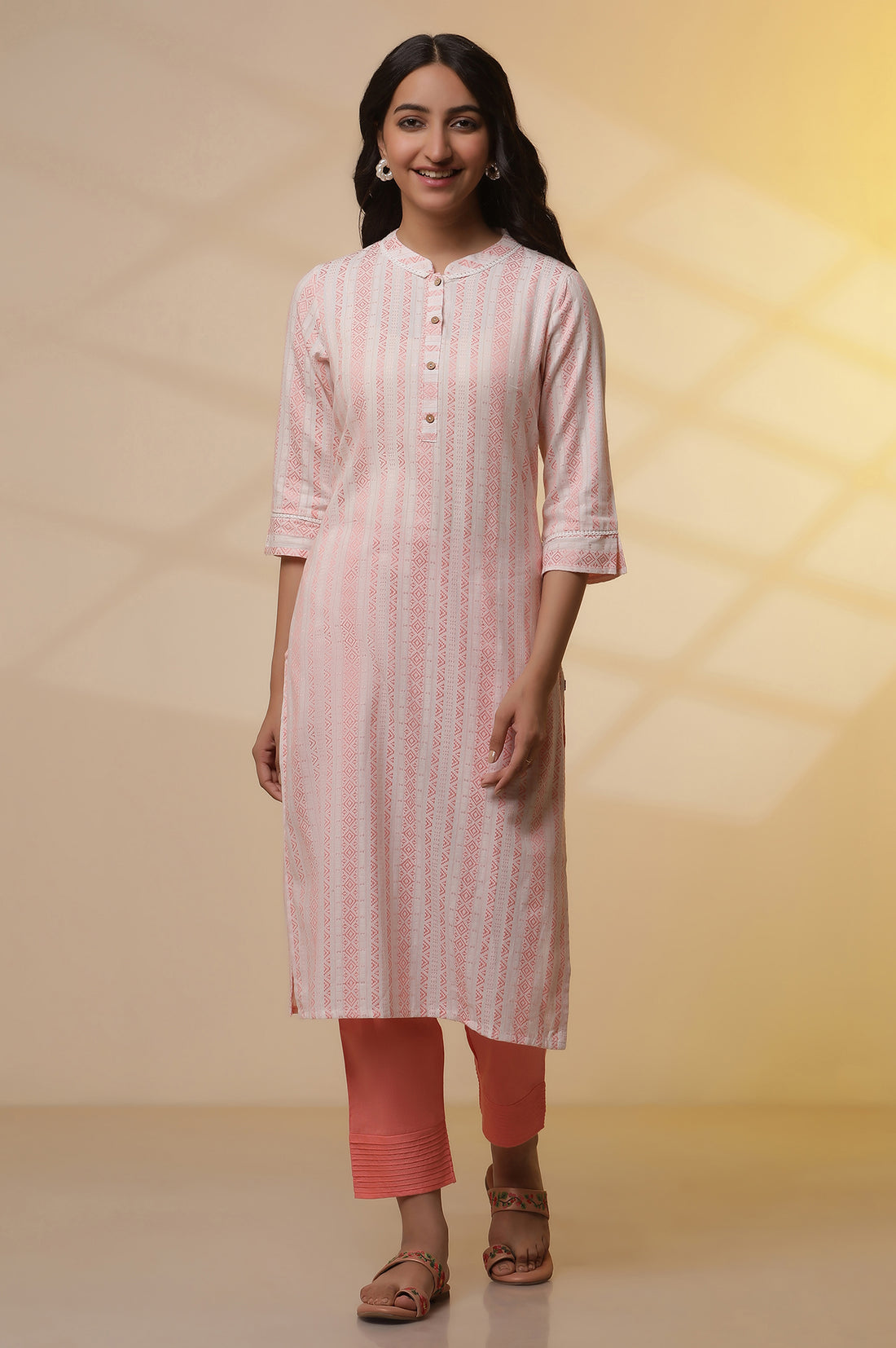 Peach Dobby Stripper Casual Kurta and Pants Set