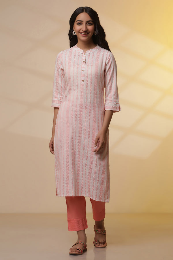Elleven Women's Peach Dobby Stripper Casual Kurta and Pants Set