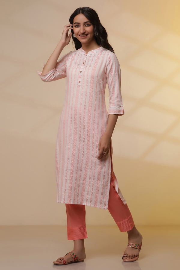Elleven Women's Peach Dobby Stripper Casual Kurta and Pants Set