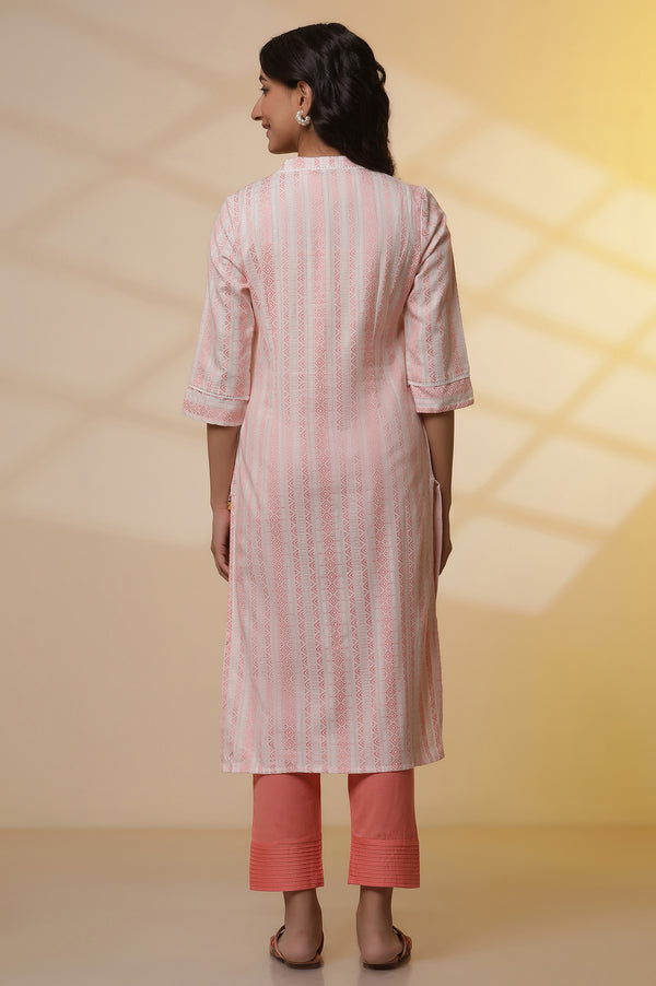 Elleven Women's Peach Dobby Stripper Casual Kurta and Pants Set