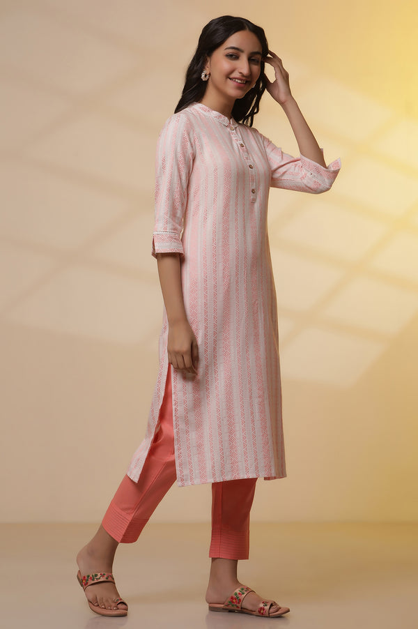 Elleven Women's Peach Dobby Stripper Casual Kurta and Pants Set