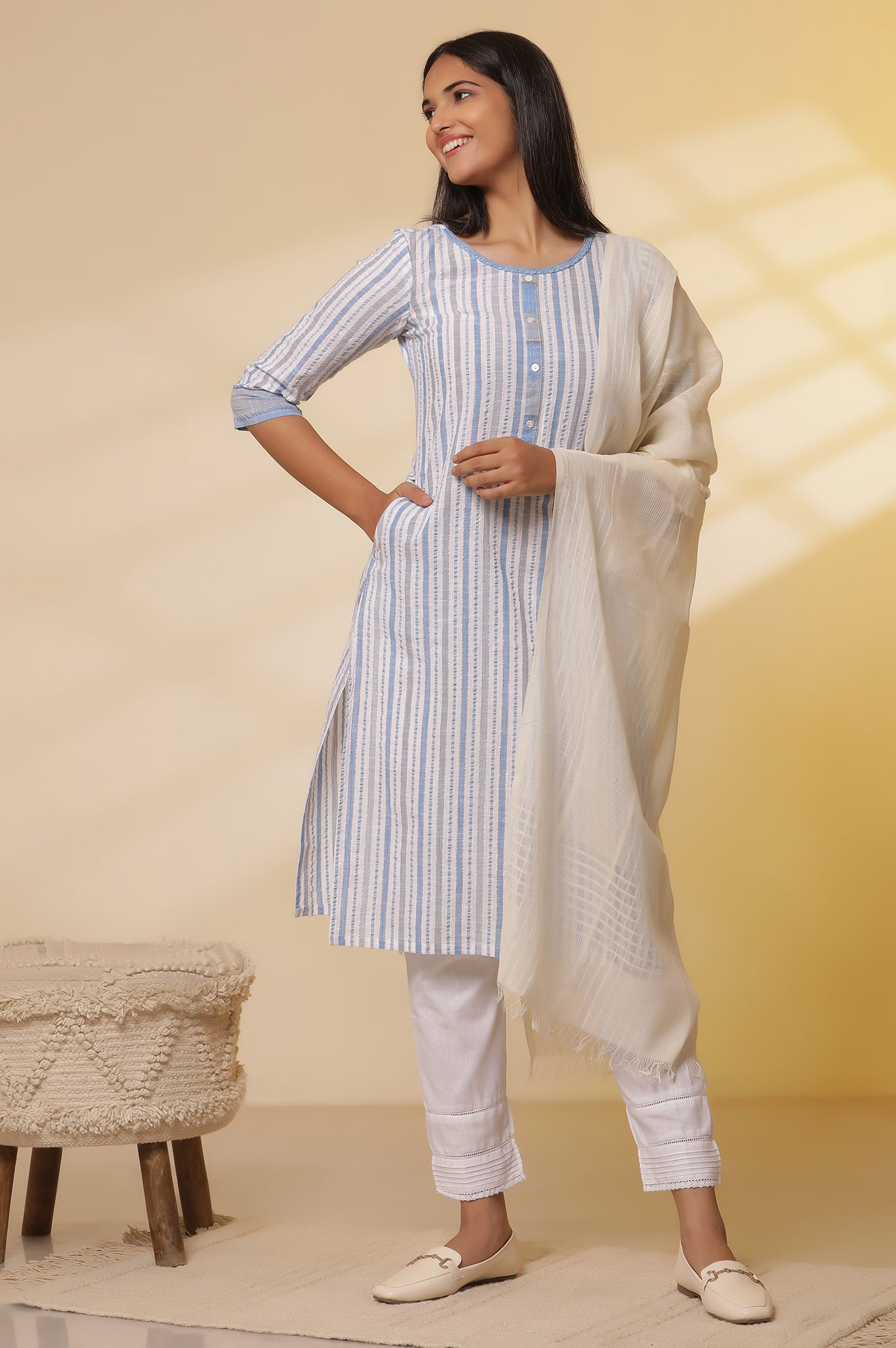 Multi-coloured-Striped-Cotton-Lurex-Kurta-with-Pants-Set