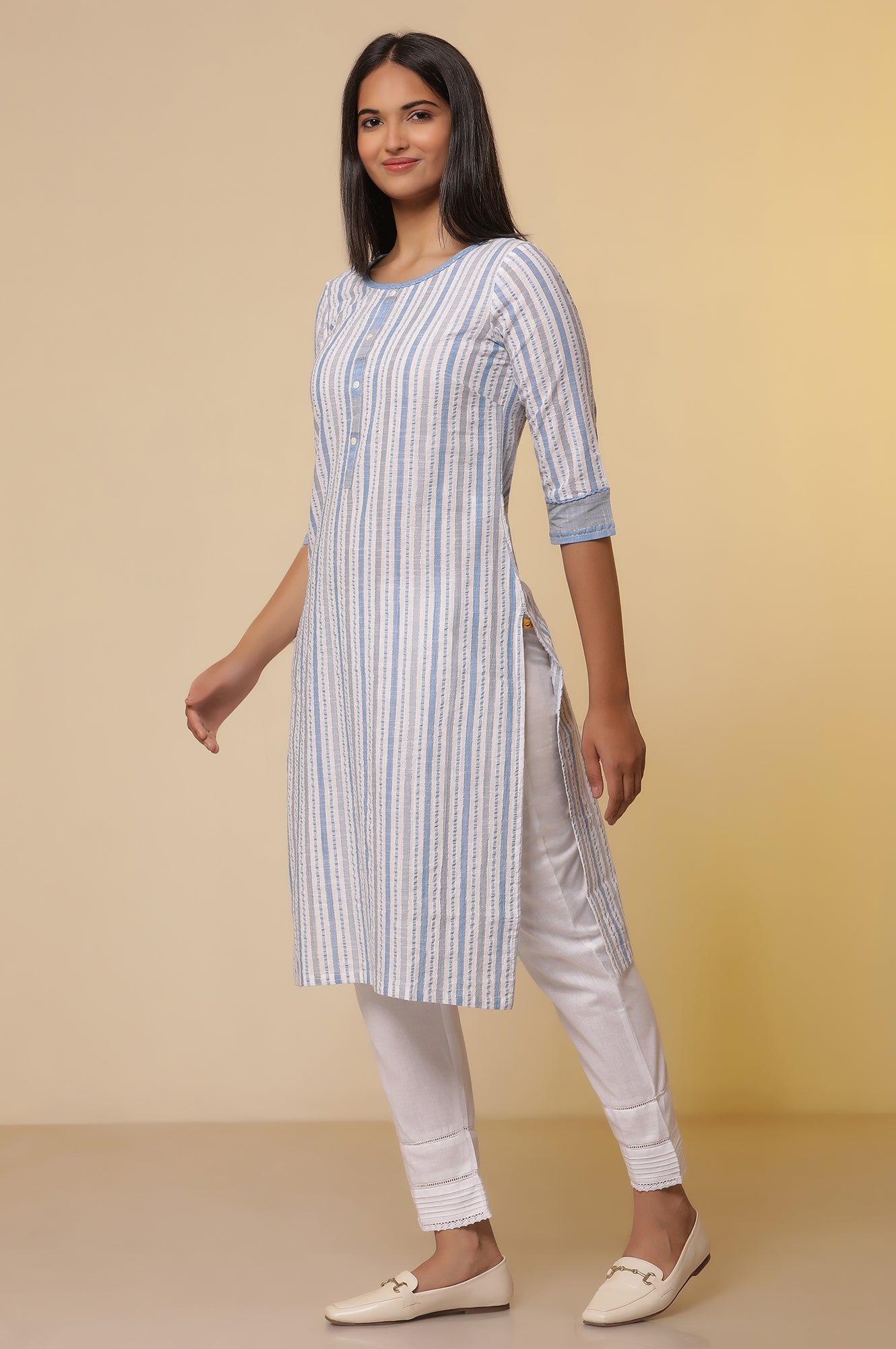 Multi-coloured-Striped-Cotton-Lurex-Kurta-with-Pants-Set