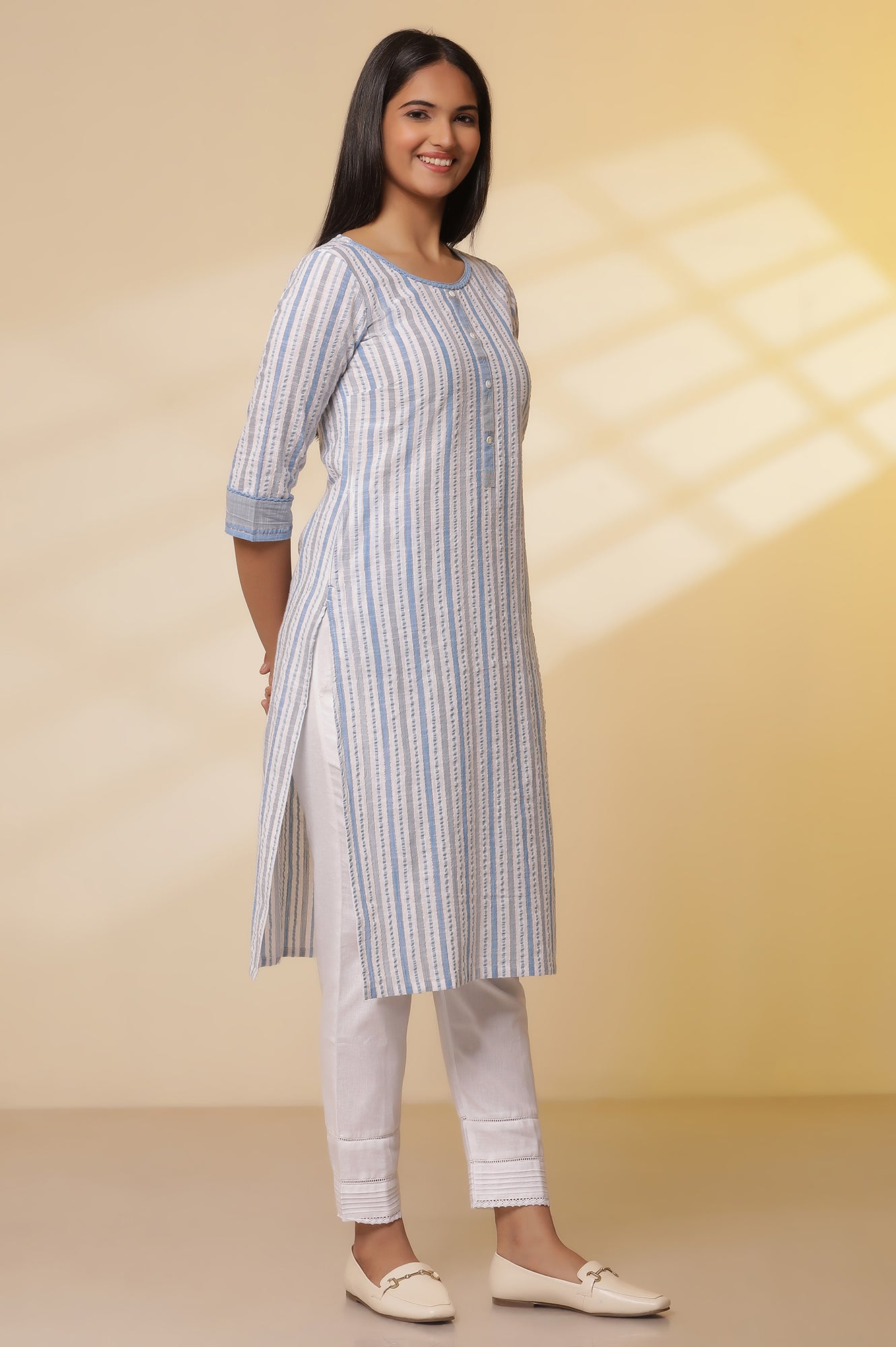 Multi-coloured-Striped-Cotton-Lurex-Kurta-with-Pants-Set