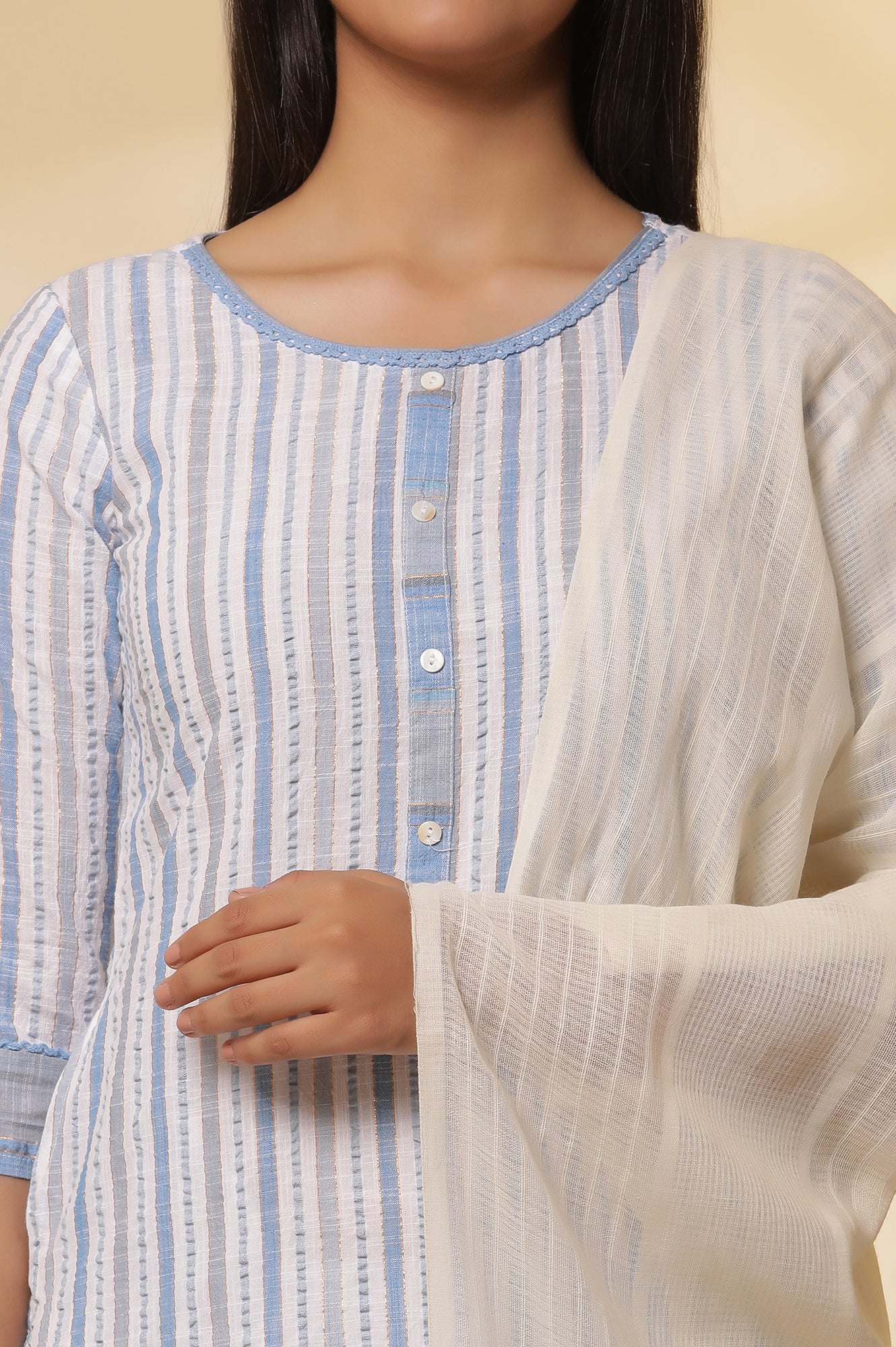 Multi-coloured-Striped-Cotton-Lurex-Kurta-with-Pants-Set