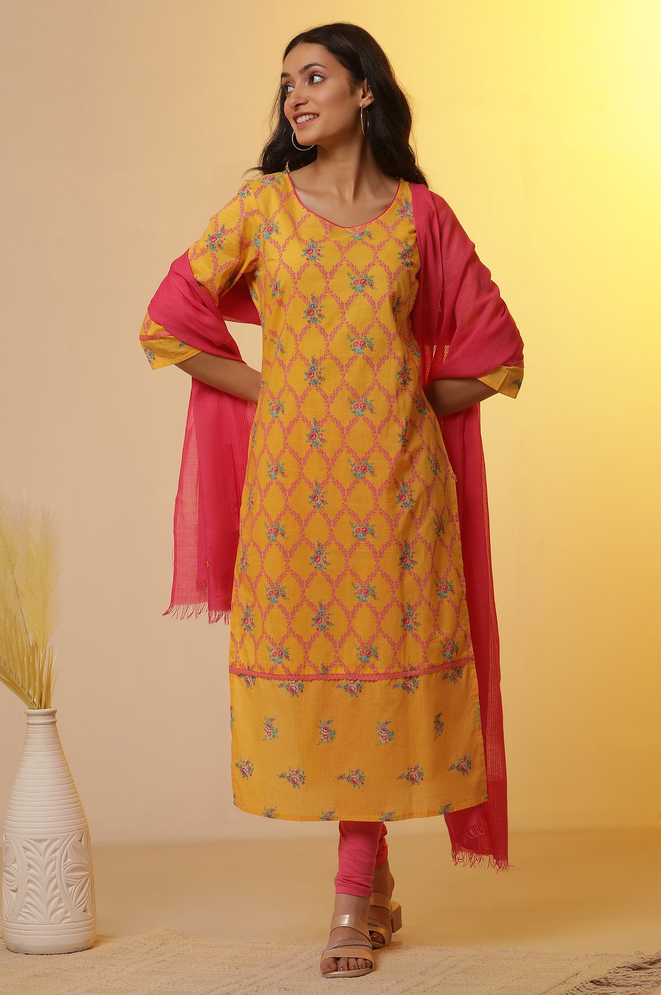 Yellow Floral Printed Kurta, Tights and Dupatta Set