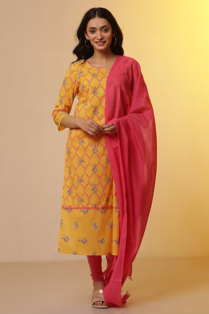 Yellow Floral Printed Kurta, Tights and Dupatta Set