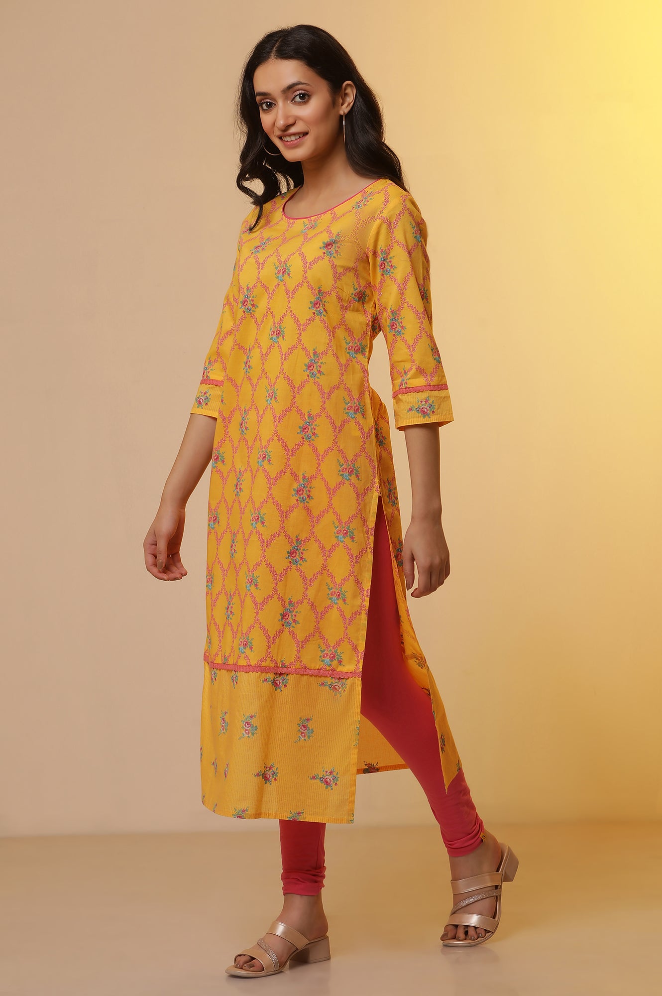 Yellow Floral Printed Kurta, Tights and Dupatta Set