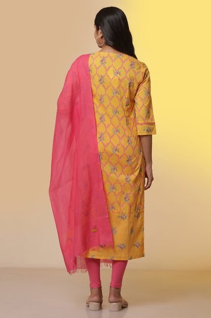 Yellow Floral Printed Kurta, Tights and Dupatta Set