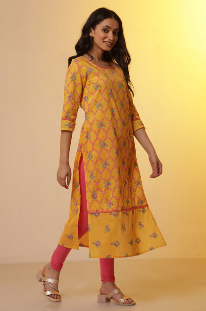 Yellow Floral Printed Kurta, Tights and Dupatta Set