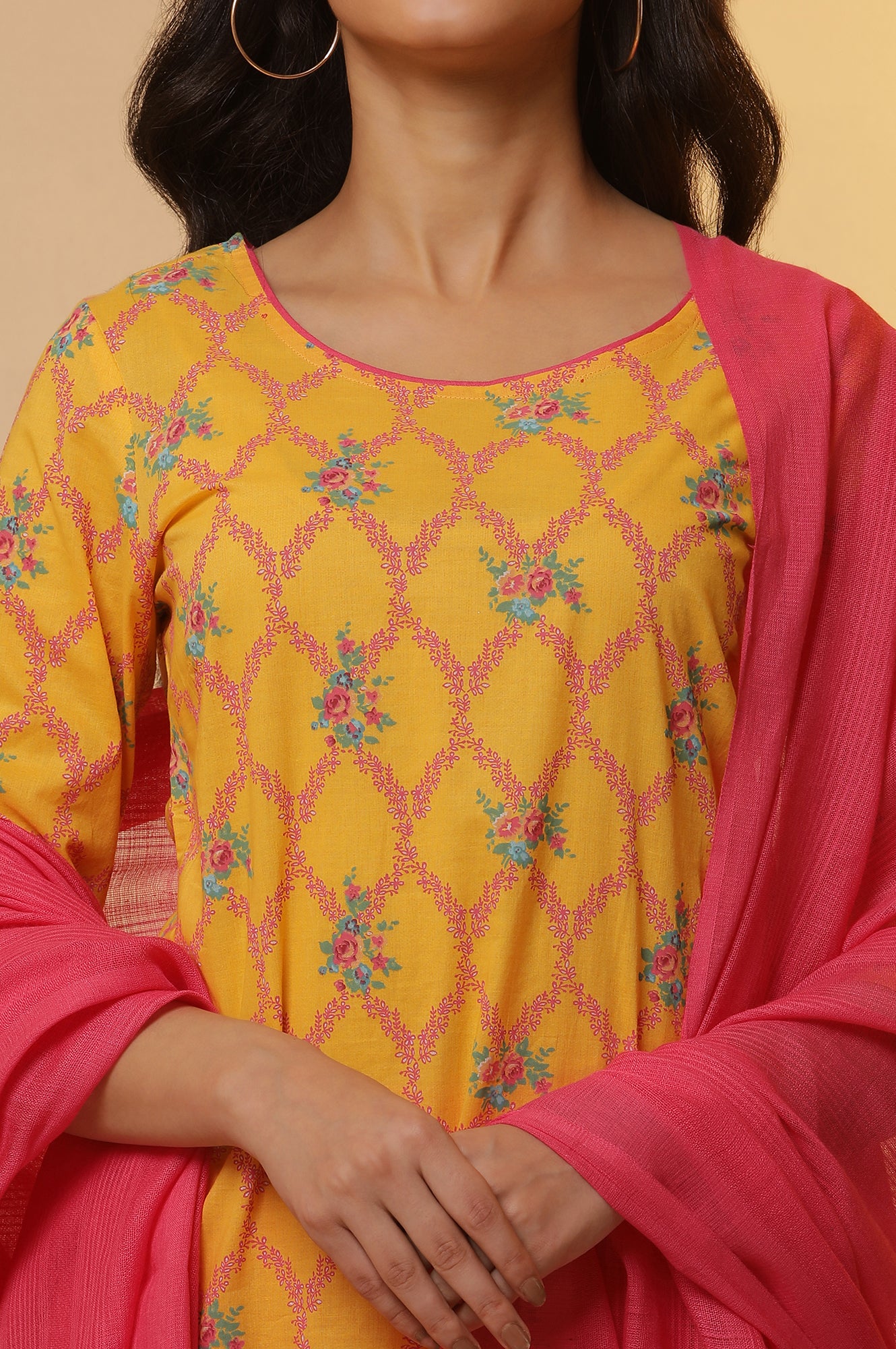 Yellow Floral Printed Kurta, Tights and Dupatta Set