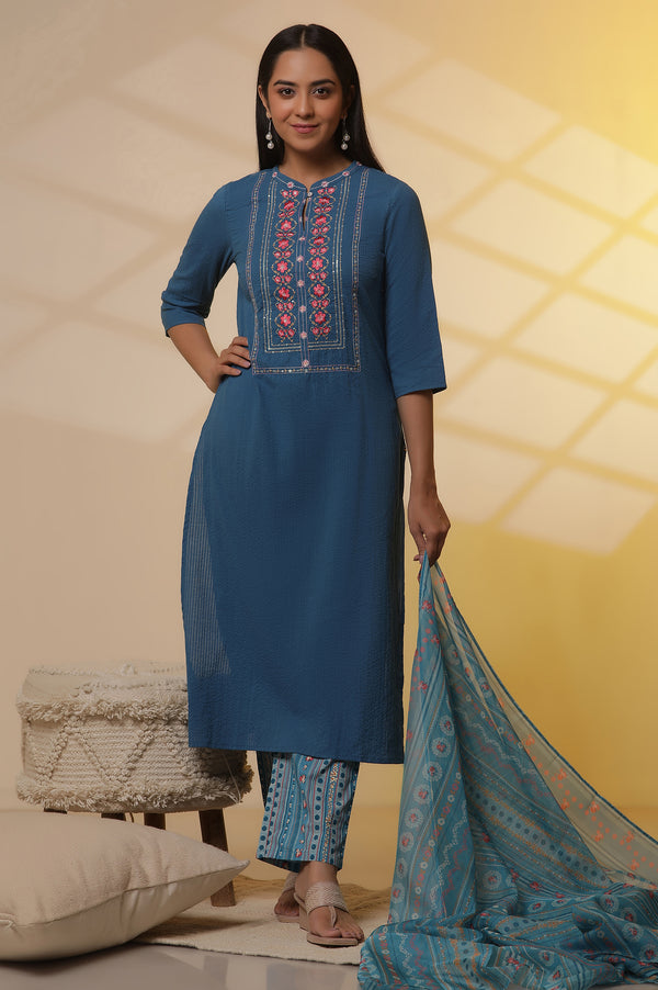 Blue Embroidered Textured Cotton Kurta, Printed Palazzo and Dupatta Set