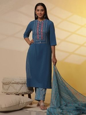 Blue Embroidered Textured Cotton Kurta, Printed Palazzo and Dupatta Set