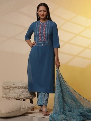 Blue Embroidered Seer Sucker Kurta, Printed Palazzo and Dupatta Set