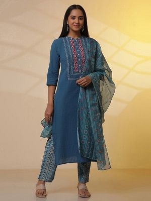 Blue Embroidered Textured Cotton Kurta, Printed Palazzo and Dupatta Set