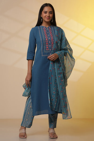 Blue Embroidered Textured Cotton Kurta, Printed Palazzo and Dupatta Set