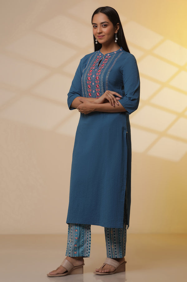 Blue Embroidered Textured Cotton Kurta, Printed Palazzo and Dupatta Set