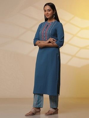 Blue Embroidered Textured Cotton Kurta, Printed Palazzo and Dupatta Set