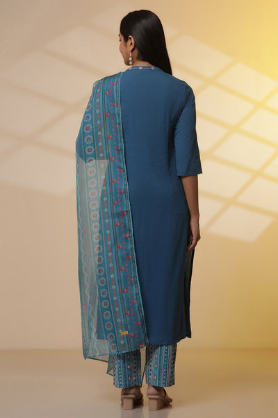 Blue Embroidered Textured Cotton Kurta, Printed Palazzo and Dupatta Set