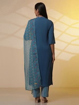 Blue Embroidered Textured Cotton Kurta, Printed Palazzo and Dupatta Set